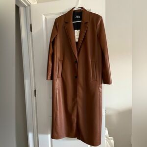 Zara long faux leather coat. Size small. New with tags